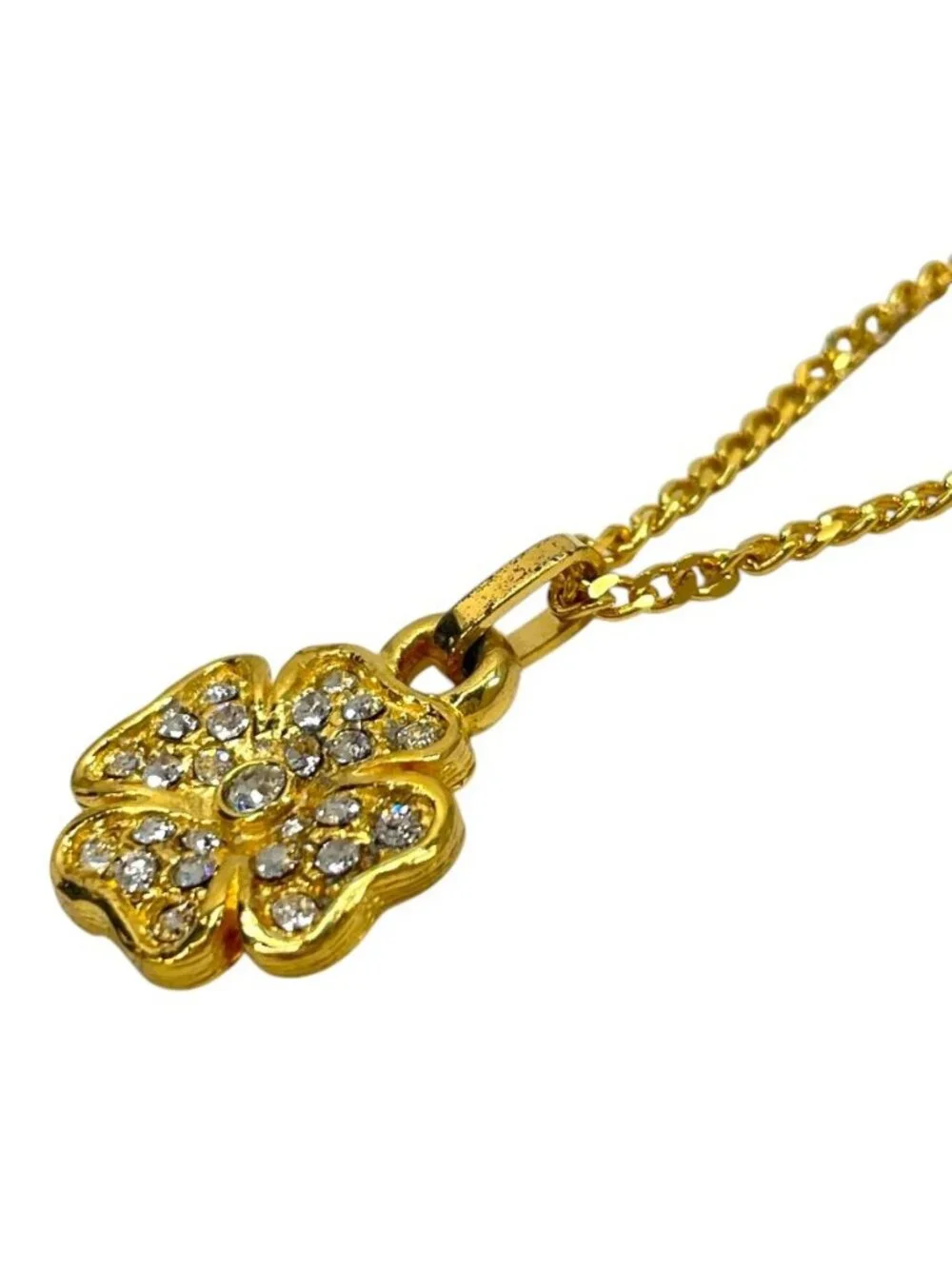 Chanel Pendant Flower Motif Clover Four Leaf Cross Rhinestone Gold